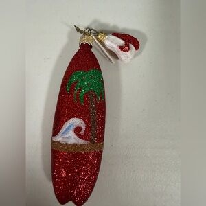 Blown Glass  Christmas 6" Surfboard Glass Ornament Red  W/ Flip Flops  Santa